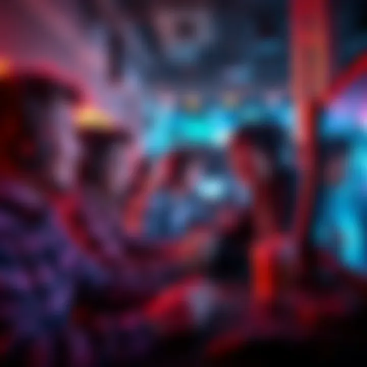 A group of friends enjoying a 12-hour gaming session, focused on their screens with excitement in a sci-fi PvP game