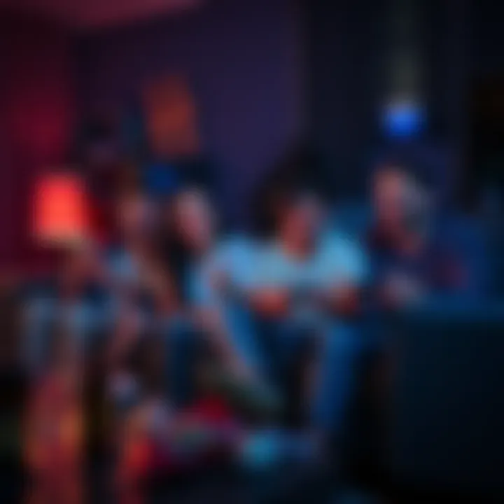 A group of four friends sitting on a couch playing a horror video game in a dimly lit room, with game controllers and snacks around them