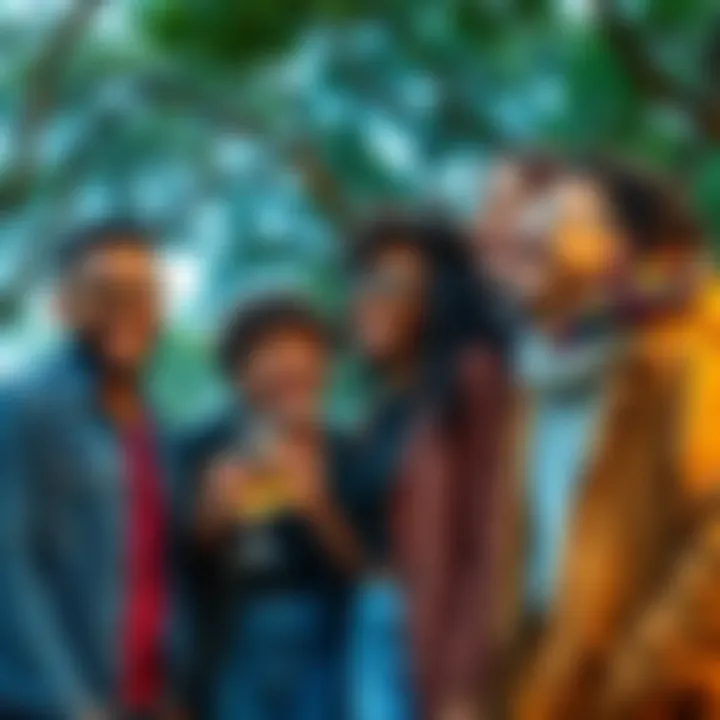 A diverse group of friends sharing a joyful moment, reflecting modern standards of coolness and social connections, outdoors in a park