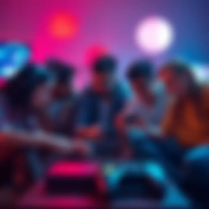 Four friends gathered around a gaming console, plotting strategies for a co-op game with elements of sabotage and backstabbing.