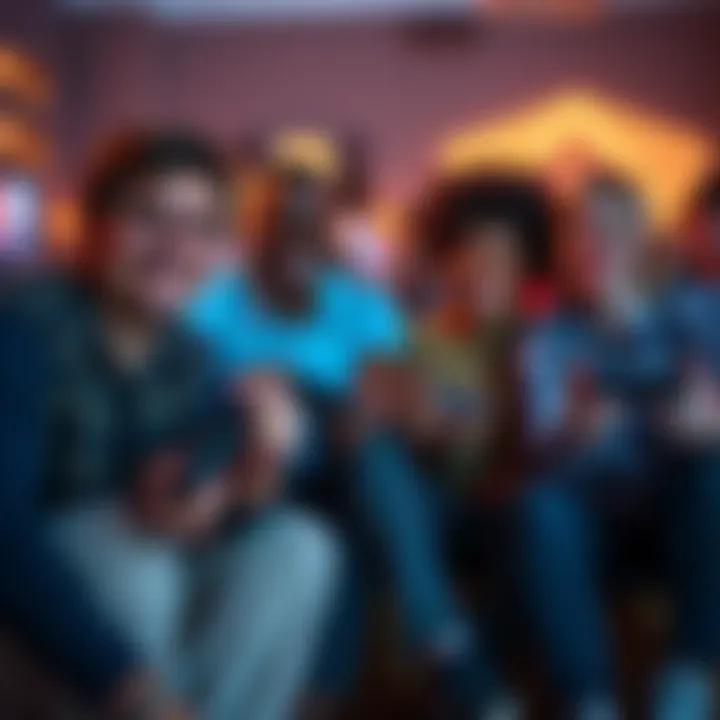 A diverse group of friends enjoying online co-op video games together, sitting with gaming controllers and laughing, reflecting a fun gaming atmosphere