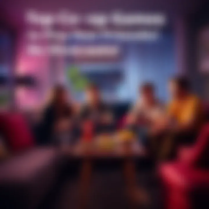 A group of friends sitting around a couch, laughing and playing co-op video games, with snacks on a table