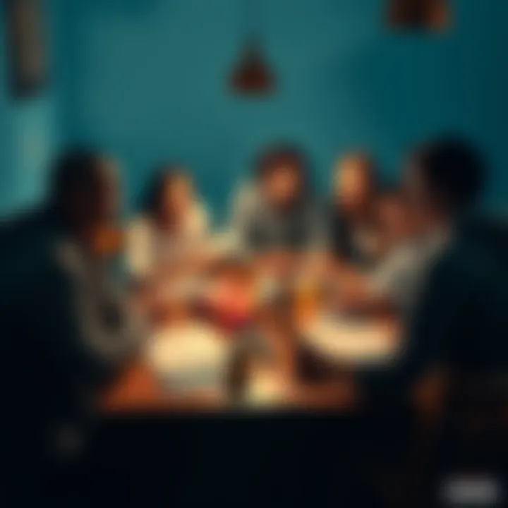 A diverse group of friends gathered around a table, engaged in a lively Dungeons and Dragons game with character sheets, dice, and snacks.