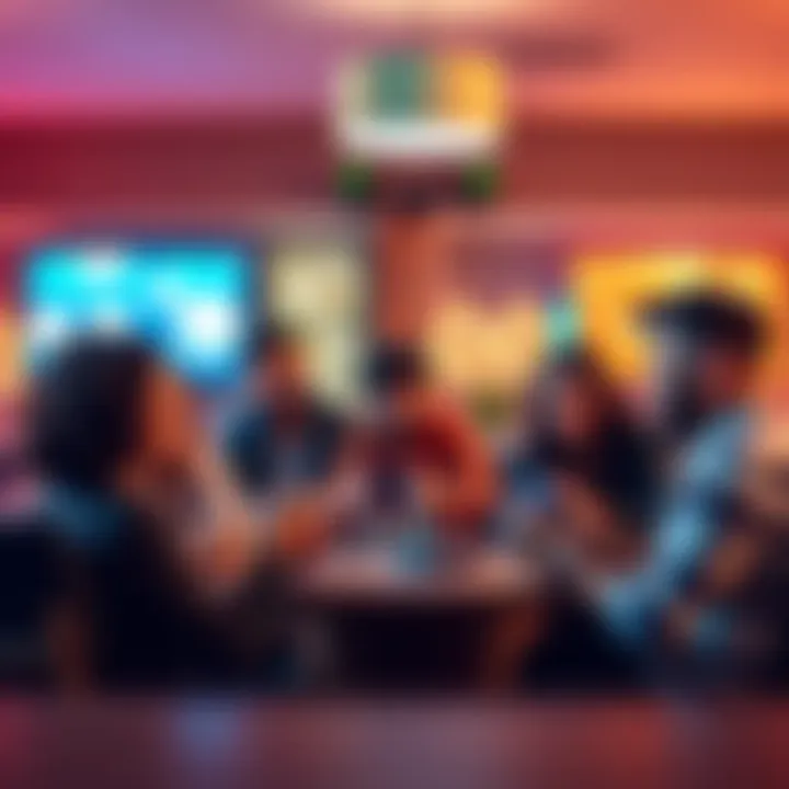 A group of friends sitting around a table, smiling and playing video games, enjoying their time together.