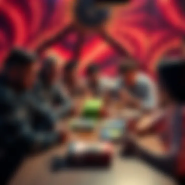 A group of friends gathered around a table, enjoying a fun-filled game night with colorful indie game boxes and snacks.