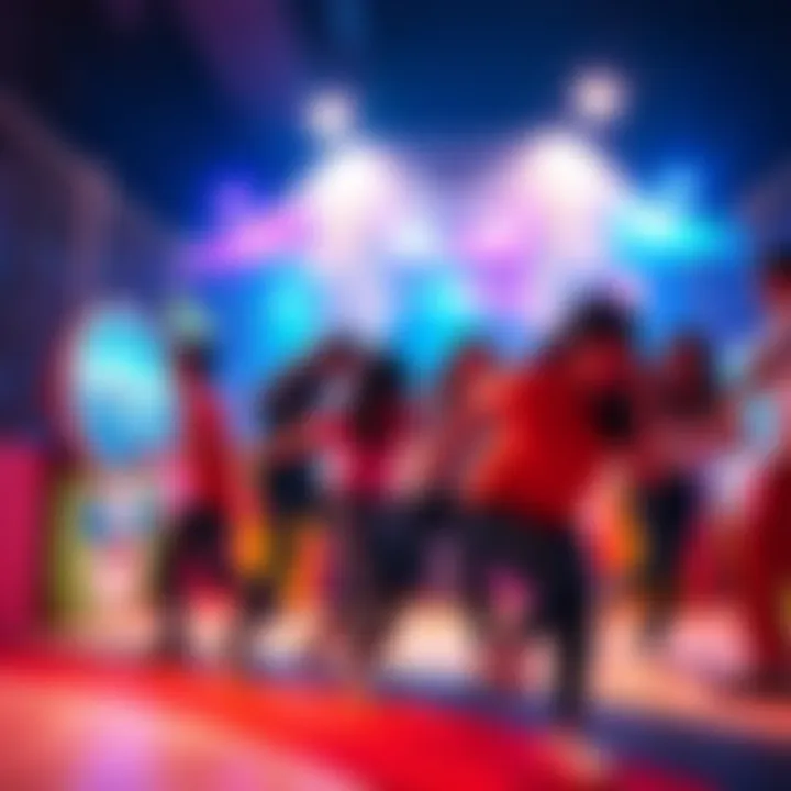 A group of friends having fun in a colorful multiplayer game, pushing and pulling each other around in a playful environment.