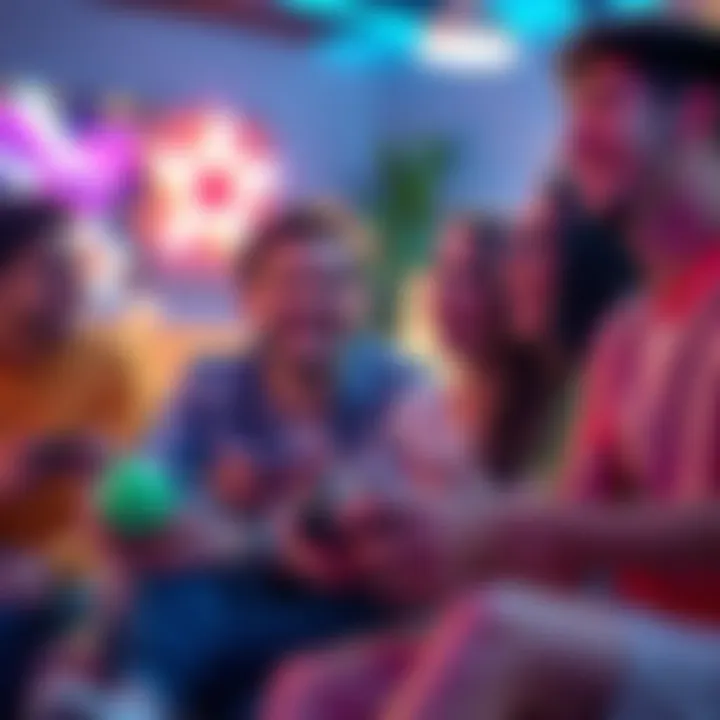 A group of friends laughing and playing various multiplayer games together, enjoying a fun gaming night.