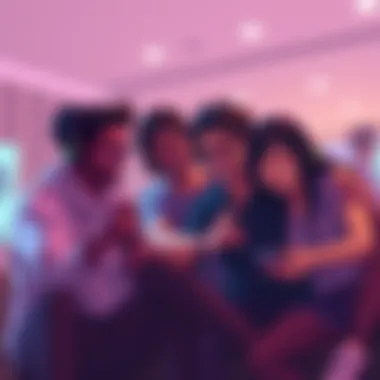 A group of friends enjoying a gaming session in STW, collaborating and helping each other, with cheerful expressions and a fun atmosphere.