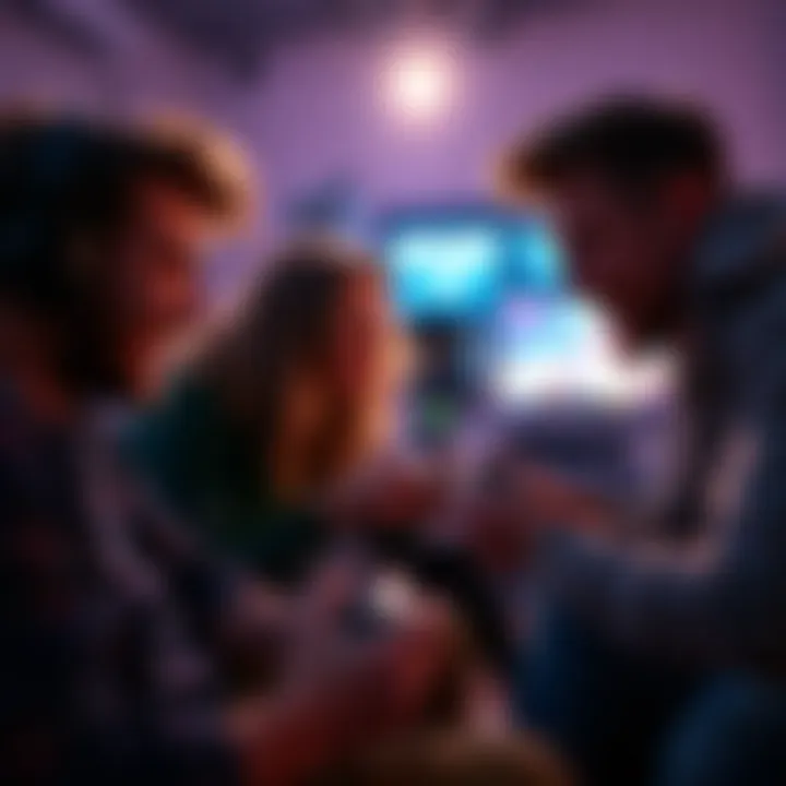 A group of friends enjoying a multiplayer video game session, focused on the screen with controllers in hand, showcasing excitement and teamwork.