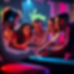 A group of friends gathered around a gaming console, excitedly discussing new RPG game options to explore together, filled with loot and social elements.
