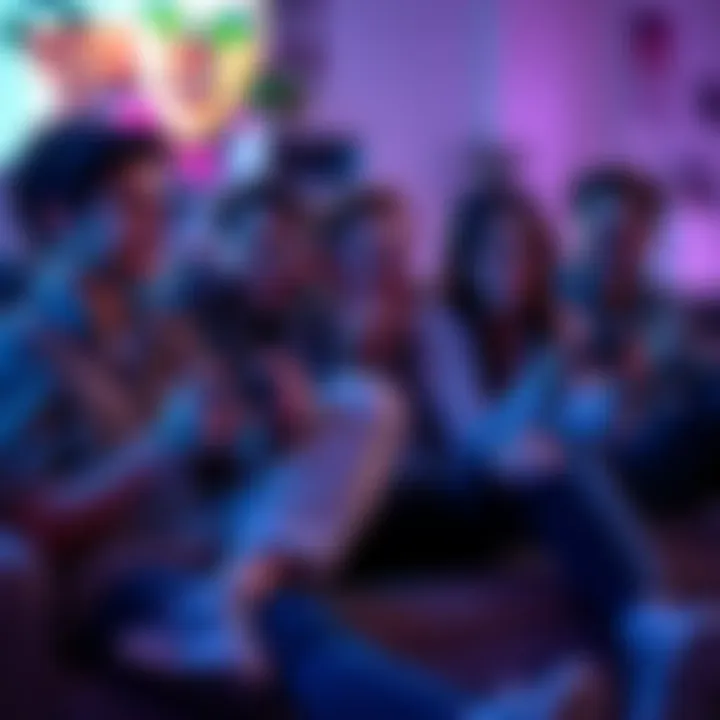 A group of friends sitting together, engaged in multiplayer gaming on a couch with game controllers in hand, smiling and enjoying the experience.