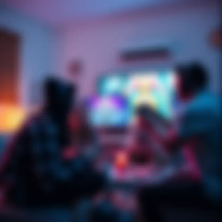 A group of friends gathered around a TV playing video games, showing excitement and teamwork.