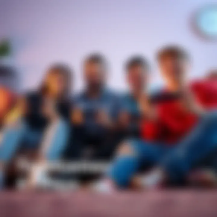 Four friends sitting on a couch, playing video games with controllers, enjoying their time and having fun together.