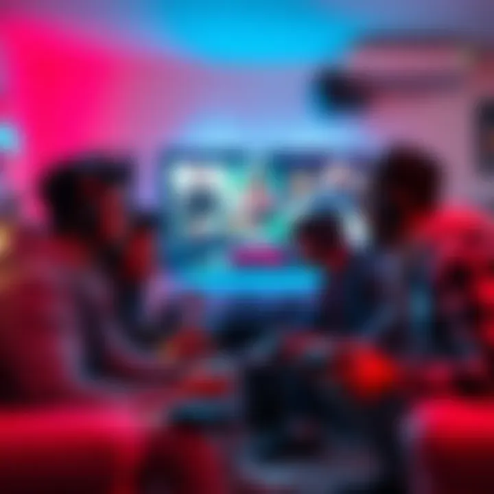 A group of friends gathered around a TV, playing video games together, showcasing engagement and enjoyment in gaming.