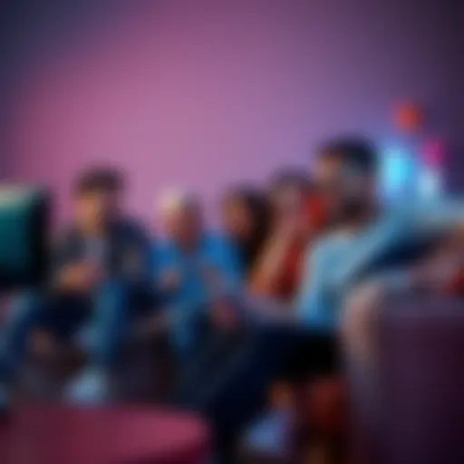 A group of four friends sitting on a couch, playing casual multiplayer video games on a TV, smiling and having fun.