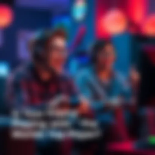 Two friends sitting on a couch, excited while playing video games, one wearing a headset and the other cheering, showcasing teamwork and competitive spirit.