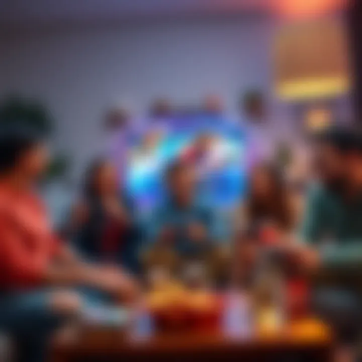 A group of friends enjoying a local co-op video game night on a couch with snacks and drinks around them