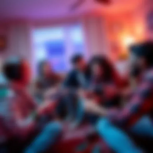 A group of friends gathering in a living room playing classic video games from the 90s, smiling and reminiscing together.