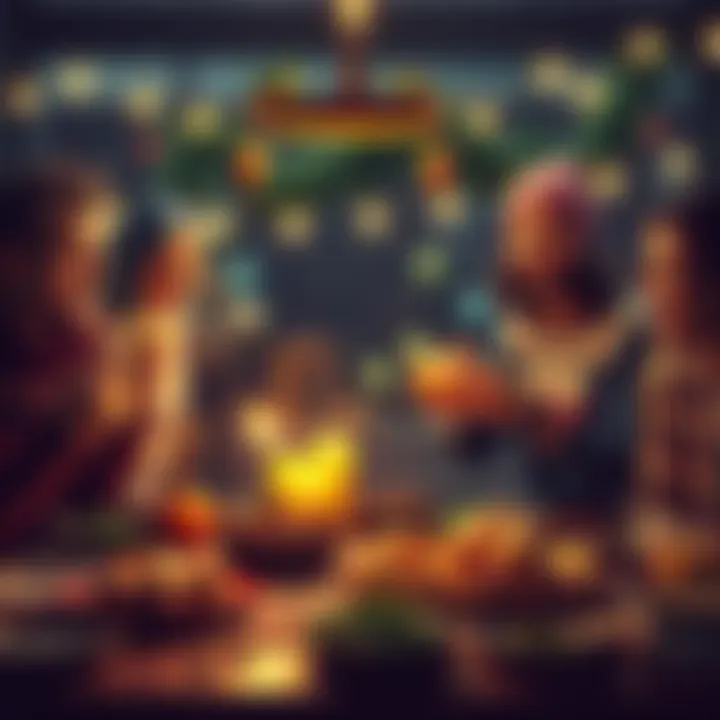 Group of friends celebrating Christmas together, enjoying a festive meal inspired by Monster Hunter, with themed decorations and food.