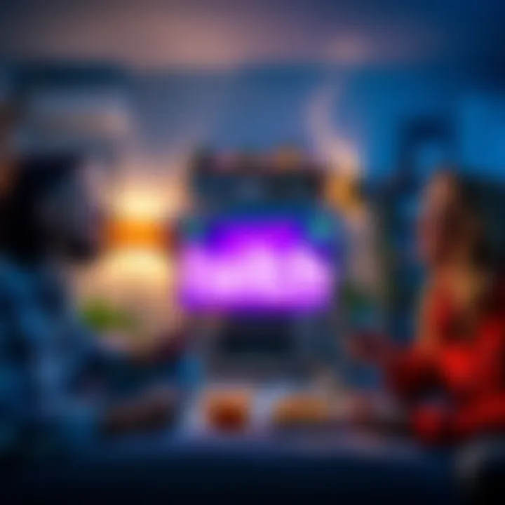 Friends watching Twitch streams together A group of friends enjoying a live gaming stream on Twitch, sharing laughs and snacks in a cozy living room.