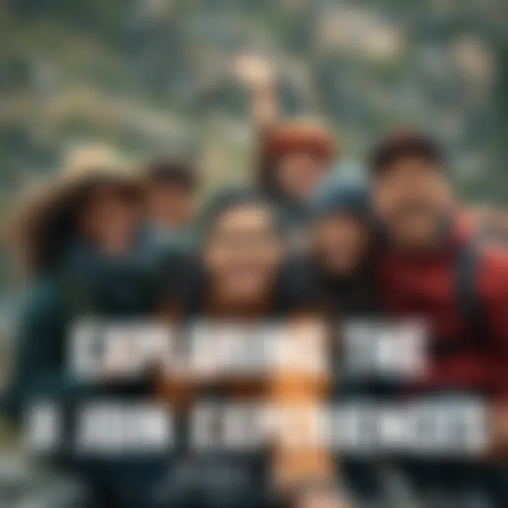 A diverse group of friends smiling while participating in an outdoor adventure activity, like hiking or rock climbing, showcasing excitement and camaraderie.