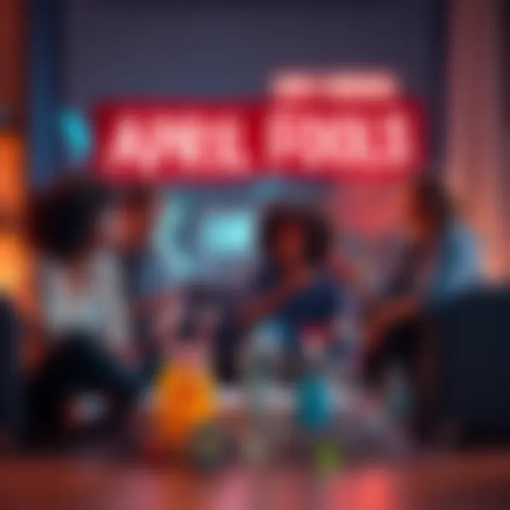 A group of friends sitting together, brainstorming fun pranks for April Fools' Day with laughter and excitement