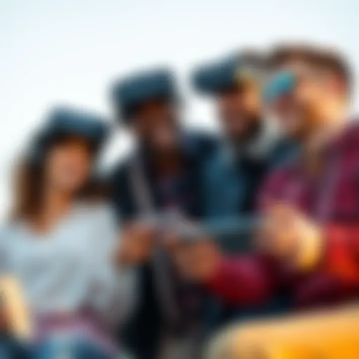 Friends playing augmented reality games together A group of friends laughing and having fun while playing augmented reality games outdoors.