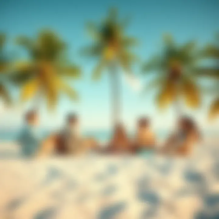 A group of friends relaxing on the beach, enjoying their vacation after work, with palm trees and clear blue skies in the background.