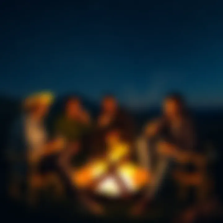 Friends sitting around a campfire at night, enjoying drinks and looking at the stars