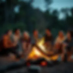 Friends sitting around a campfire sharing stories and laughing, one person looks confused while speaking, highlighting a miscommunication about a word.