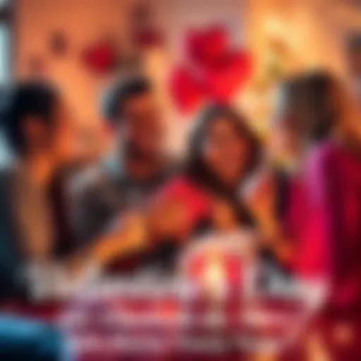 Friends Celebrating Valentine's Day A group of friends laughing and exchanging gifts on Valentine's Day, showcasing friendship and love.