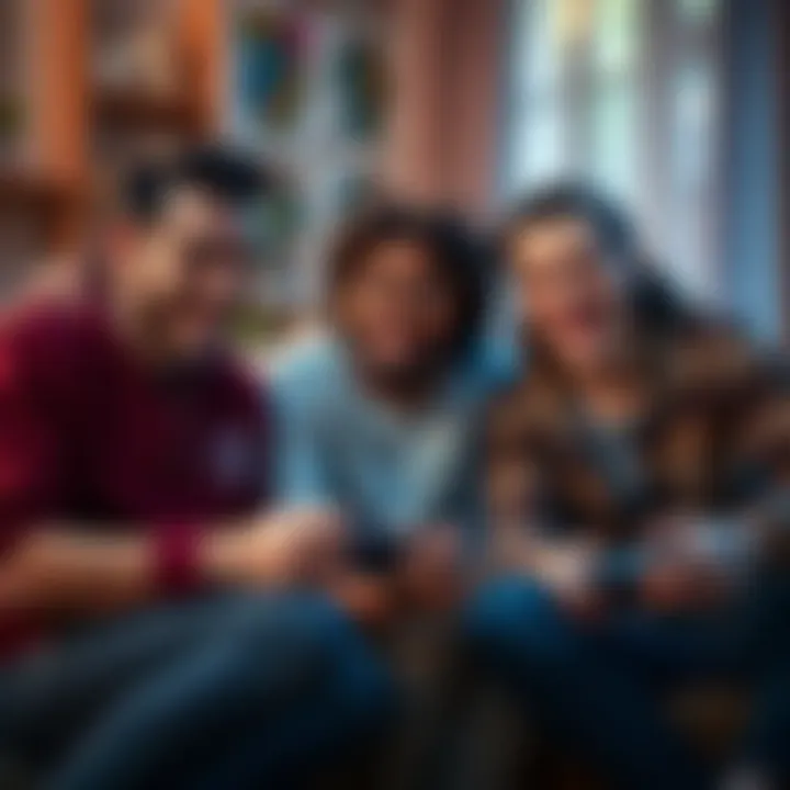 A group of three friends enjoying a strategic co-op game at home, focused and engaged