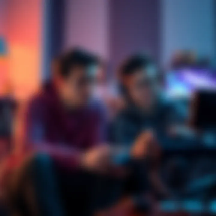 Friends playing co-op video game Two friends sitting together, focused on a co-op video game with engaging story elements on screen