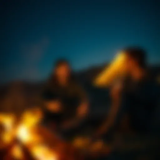 Two friends sit together, talking and laughing near a campfire, with warm light illuminating their faces and embers glowing in the night sky.
