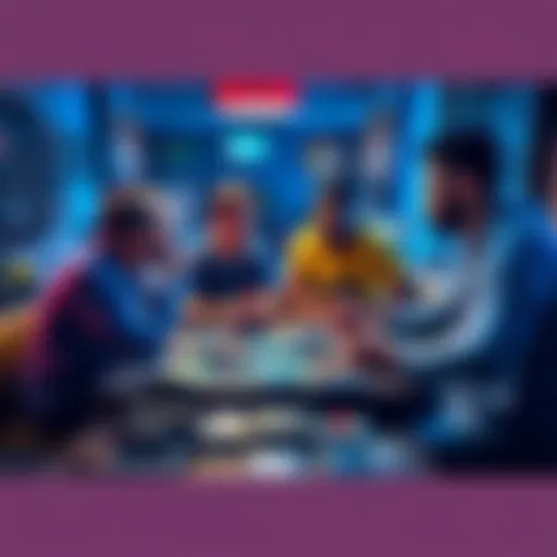 Four friends gathered around a table, sharing memories about video games, with a variety of game covers scattered around them.