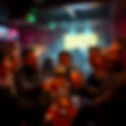 A group of friends toasting with drinks at a lively bar