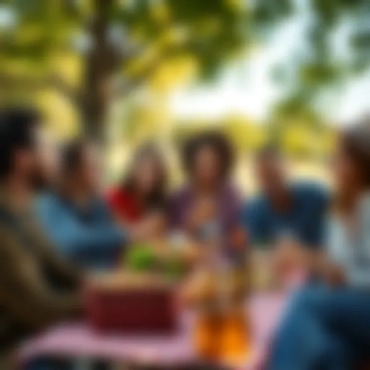 A group of friends laughing and enjoying a picnic in a park, showcasing happiness and connection