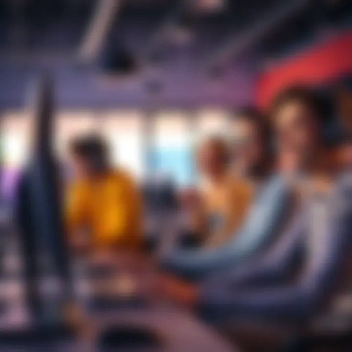 A group of friends sitting in front of computers, smiling while playing video games online together in a bright room