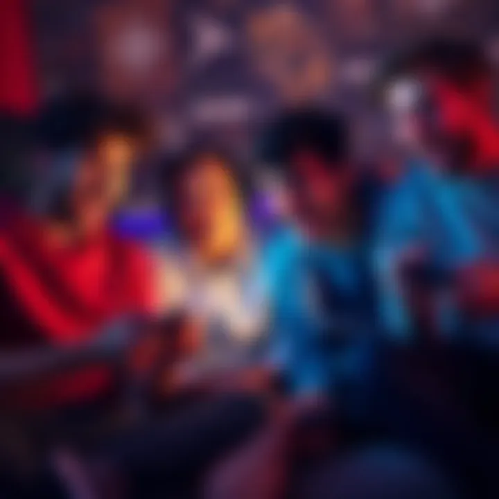 Friends gaming together A group of friends sitting together playing video games on different consoles, showing excitement and engagement.