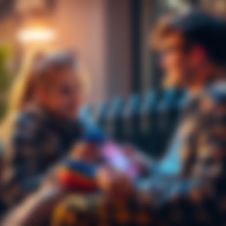 Two friends discussing and inviting each other to join an app on a smartphone