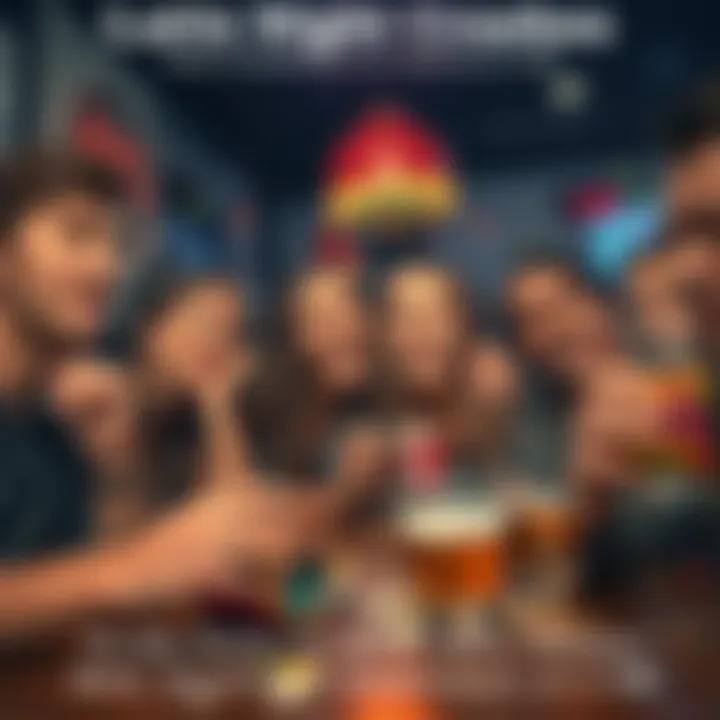 Friends in a chaotic late night scene Group of friends looking stressed during a late night outing, with drinks spilled and laughter mixed with confusion.