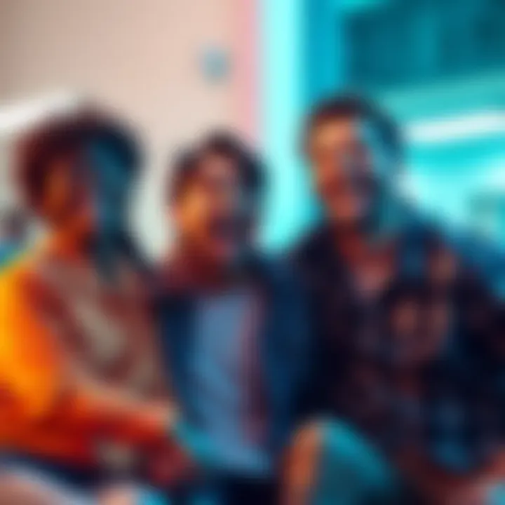 Group of friends laughing together A group of friends sharing a funny moment, laughing and enjoying themselves, with one friend playfully pretending to scream