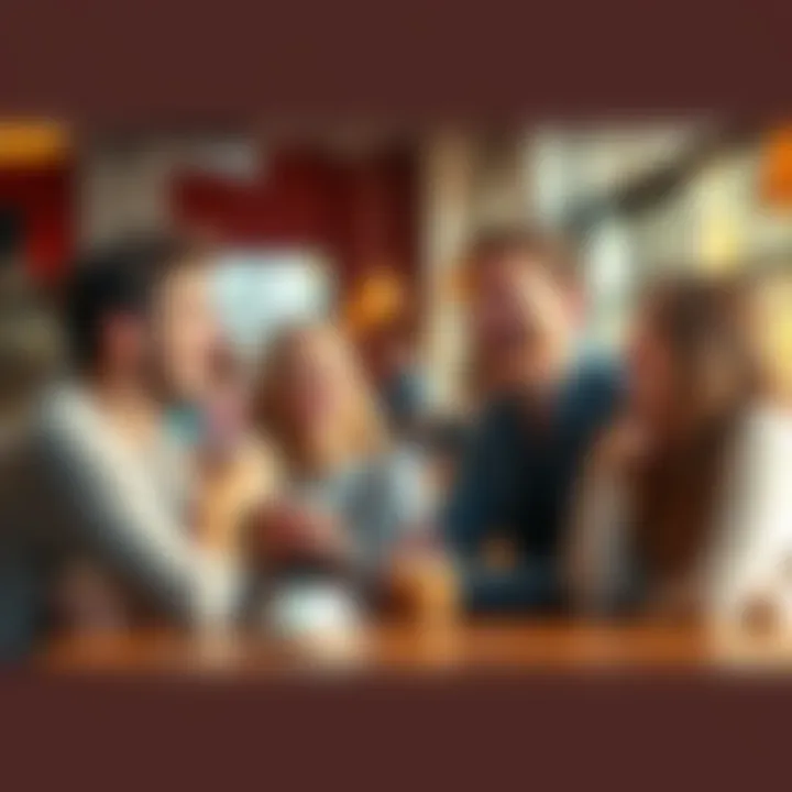 People sharing a laugh over coffee A group of friends laughing together at a coffee shop, enjoying relatable moments and shared experiences.