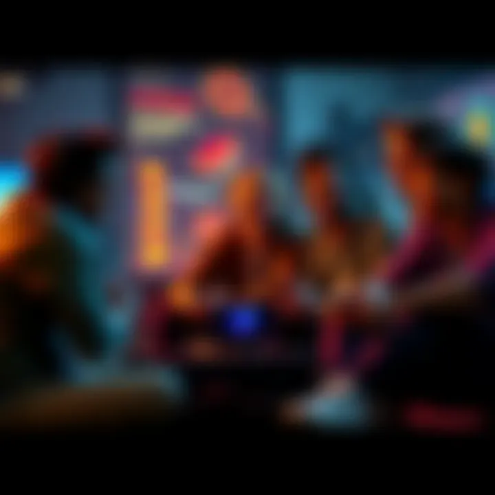 Group of friends sitting around a gaming console, laughing and joking during a playthrough