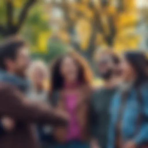 A group of friends laughing and enjoying a lighthearted moment in a park