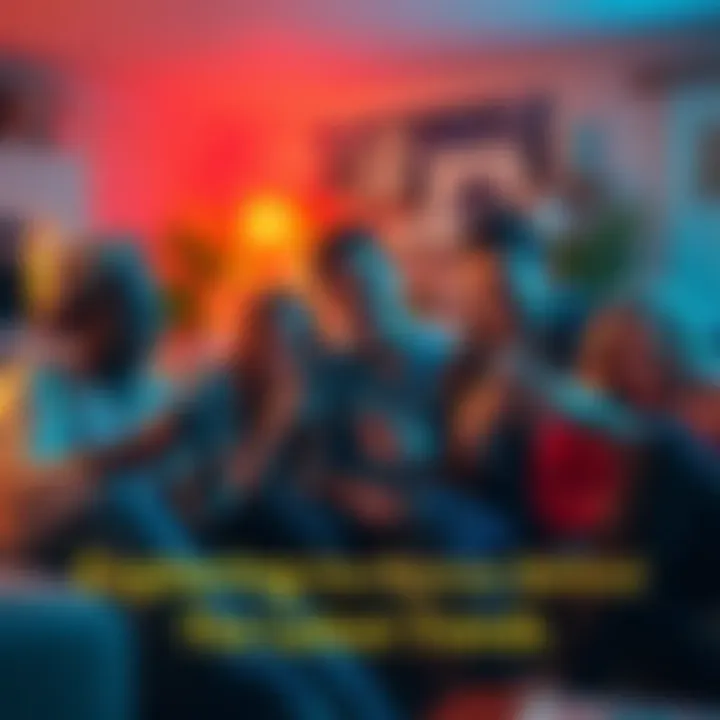 A group of friends looking at memes on their phones and laughing together in a cozy living room setting.