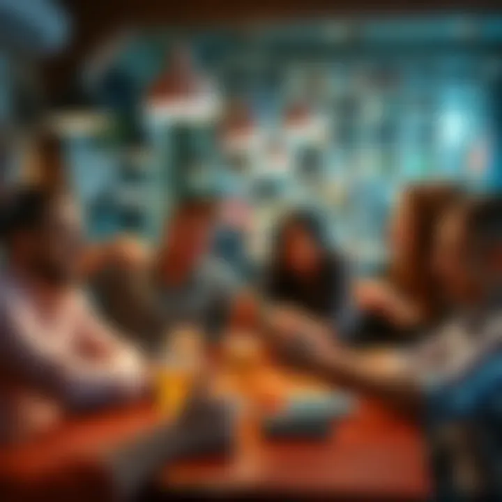 A group of friends sitting around a table, laughing and creating crude memes with their phones after a night of drinks.