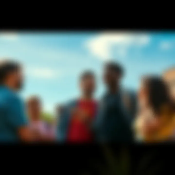 A group of friends laughing and talking together outside on a sunny day