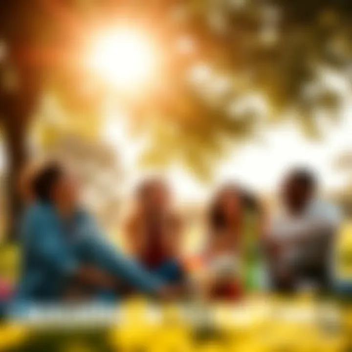 A group of friends laughing and enjoying a picnic in a park under bright sunshine