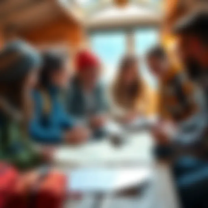 A group of friends gathered around a table with maps and travel gear, excitedly discussing their upcoming adventure together.